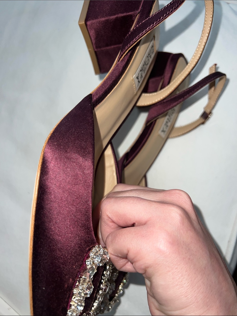 Badgley Mischka Plum Satin Slingback Heels with Crystal Buckles - Picture 6 of 9